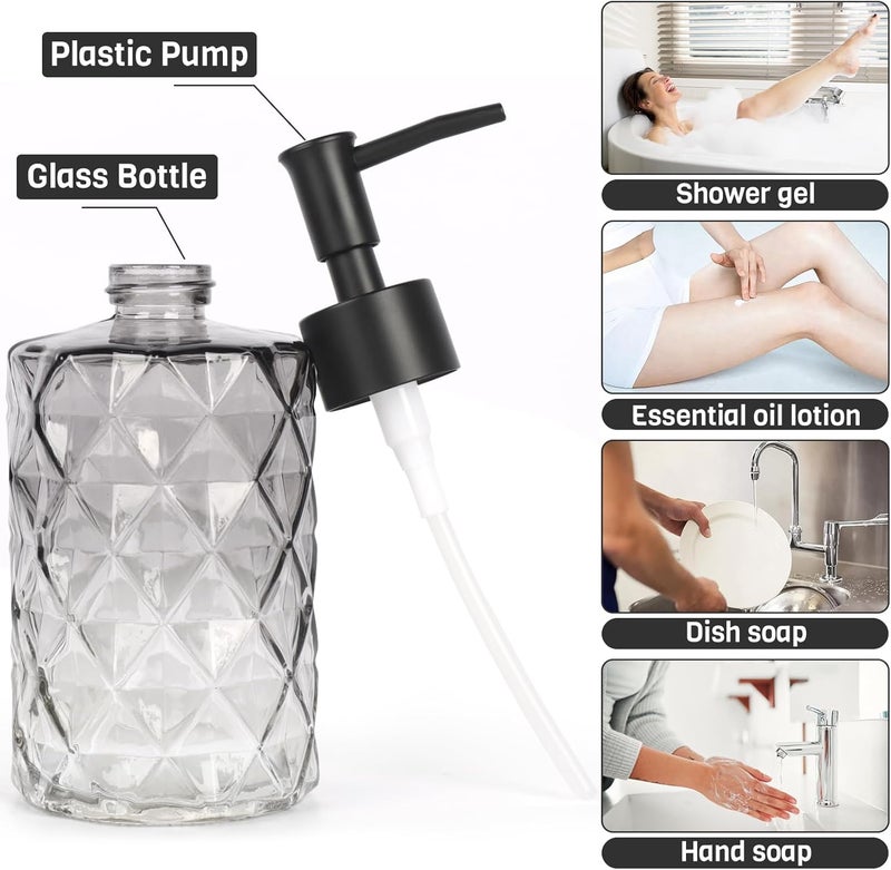 Ulable Glass Soap Dispenser with Plastic Pump, 2 Pack 12oz Gradient Diamond Design Black Soap Dispenser for Dishwashing Liquid, Lotion Shower Gel - Image 2